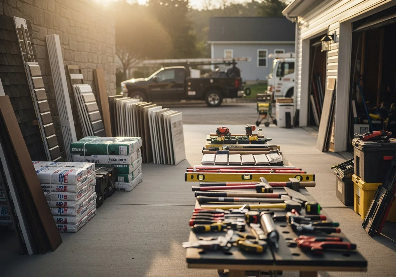 Construction crew tools and equipment staged on a job site, ready for residential remodeling work.