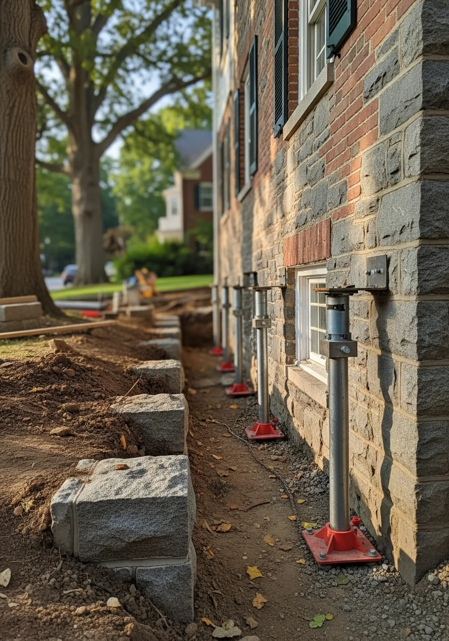 Foundation stabilization work on an Ardmore property, showing crew installing support system on home's exterior.