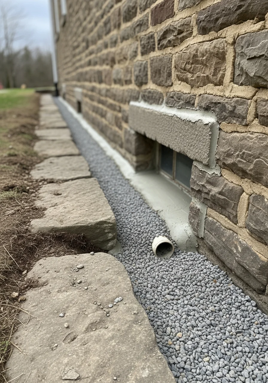 Close-up of a foundation repair detail on a historic Chester County farmhouse, showing mortar work and drainage improvements.