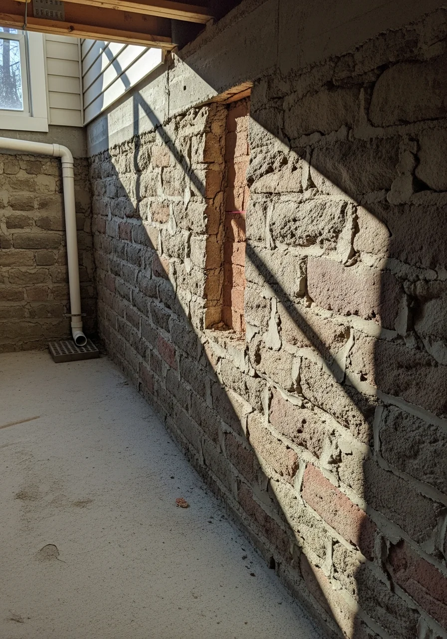 Foundation inspection photo from a Garnet Valley property, showing detailed assessment of basement wall condition.