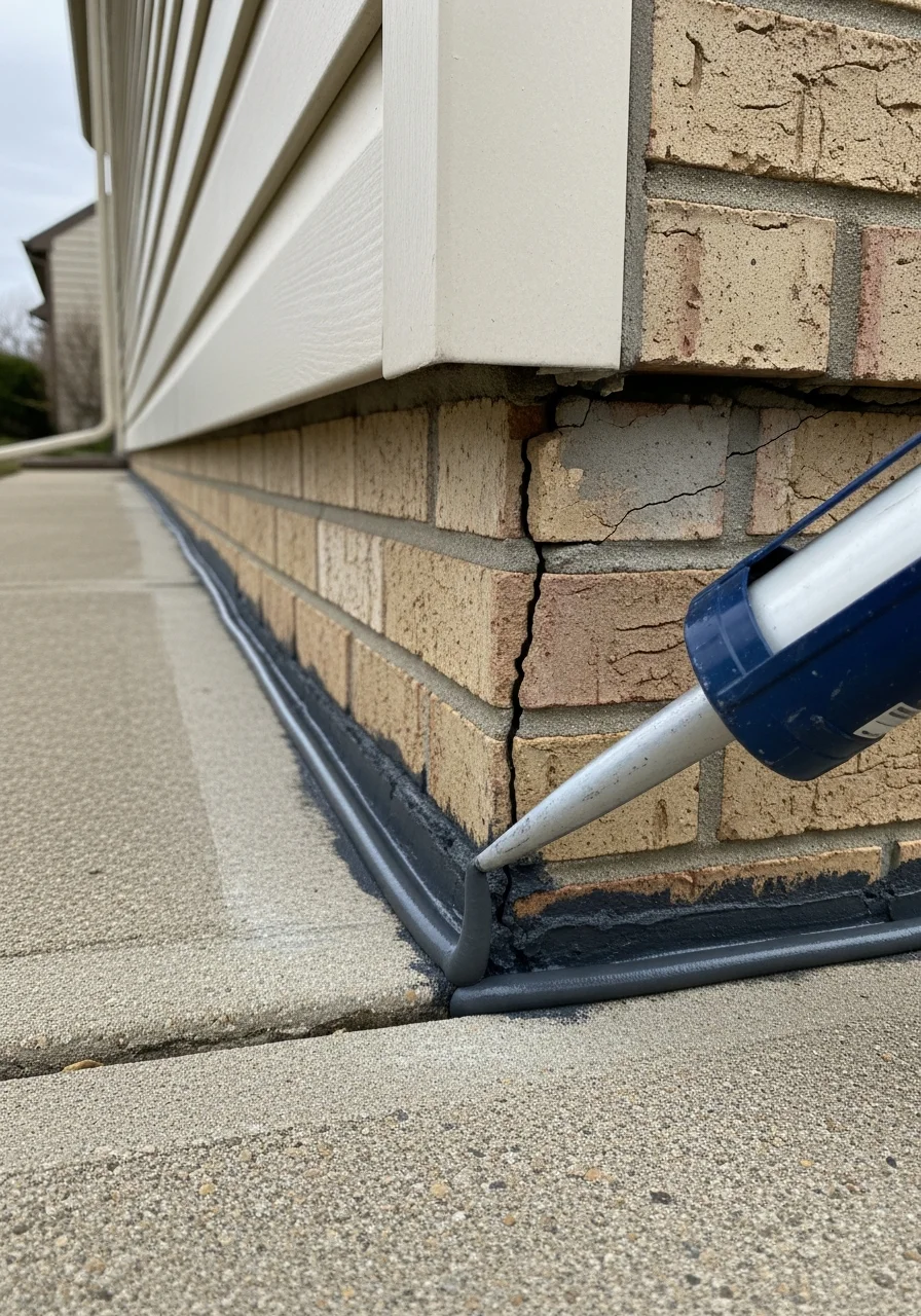 Detailed view of foundation crack repair on a Havertown colonial home, showing professional sealing technique.
