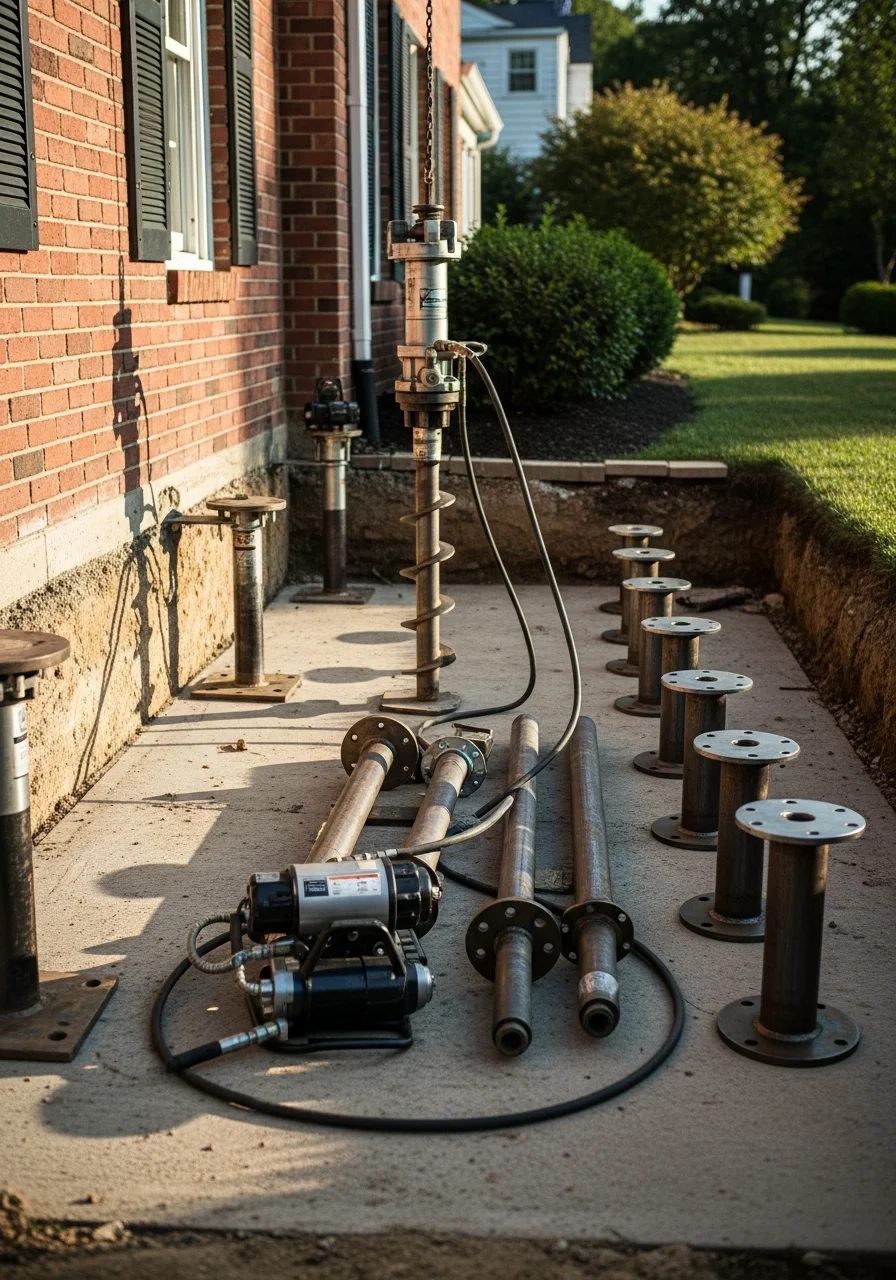 Foundation repair crew installing helical piers on a Media home, demonstrating advanced stabilization technique.