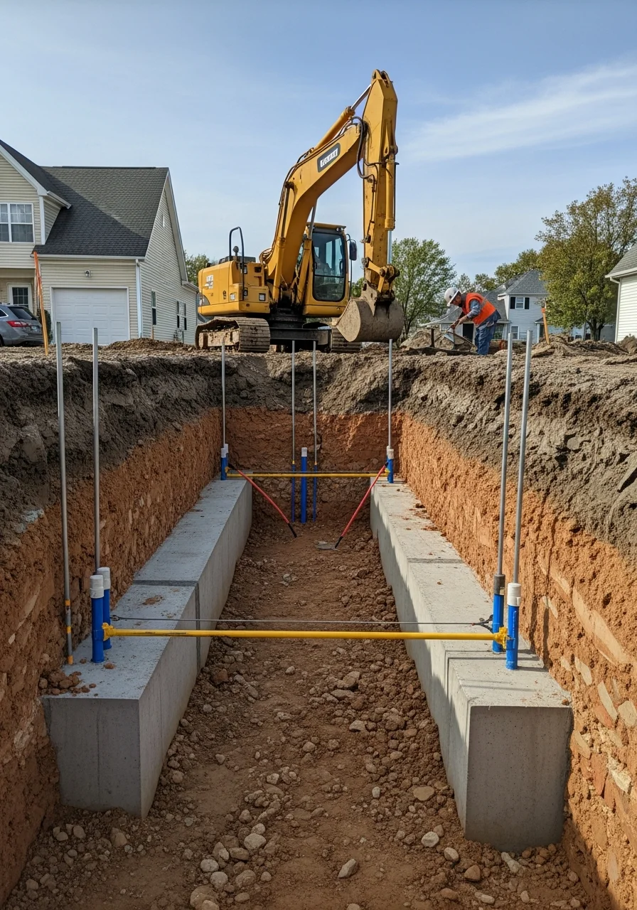 Close-up of foundation stabilization technique being applied to a Paoli home's exterior wall.