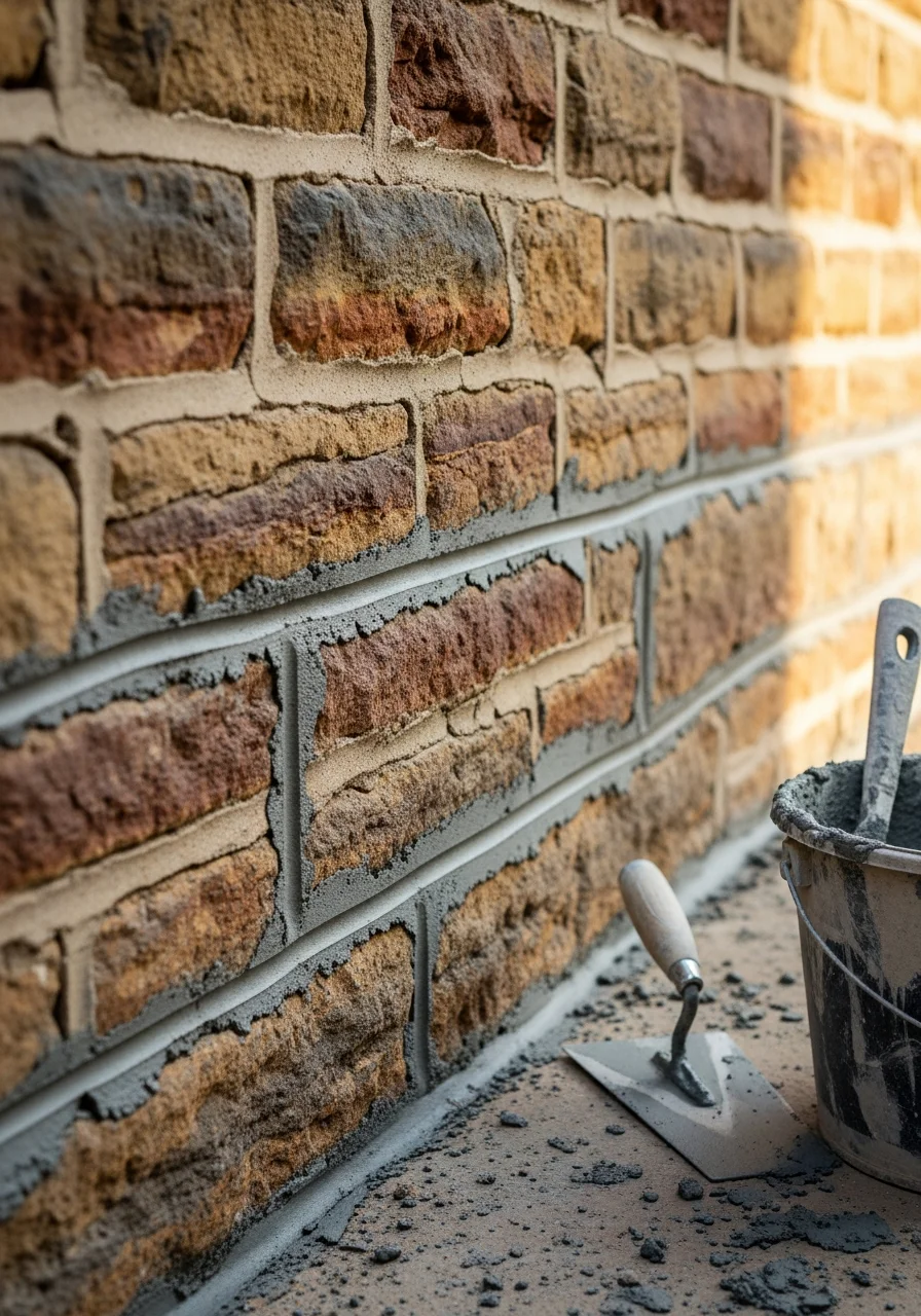 Skilled worker performing mortar repointing on a century-old stone foundation, demonstrating precision craftsmanship.