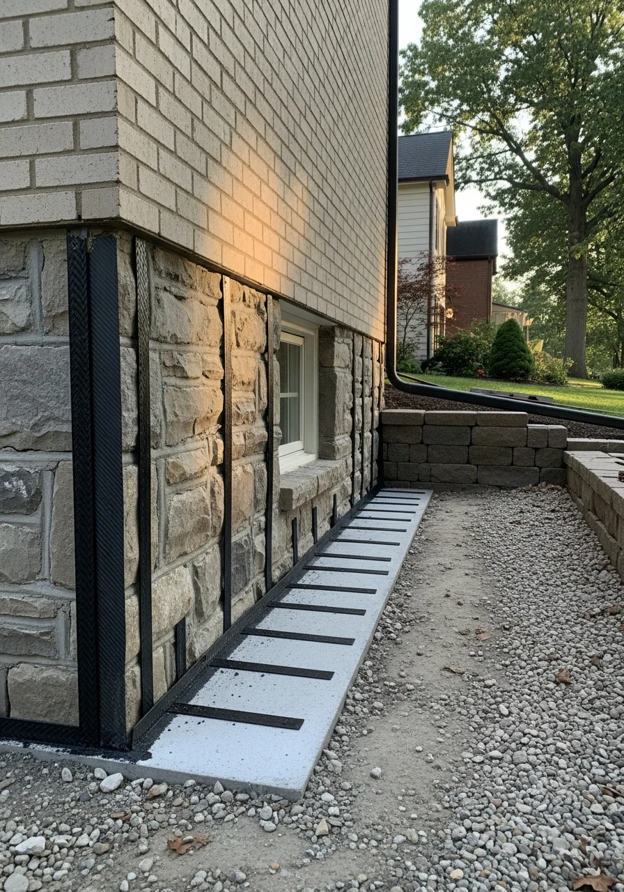 Residential foundation repair in West Chester neighborhood, showing crew installing carbon fiber reinforcement on a home's exterior.