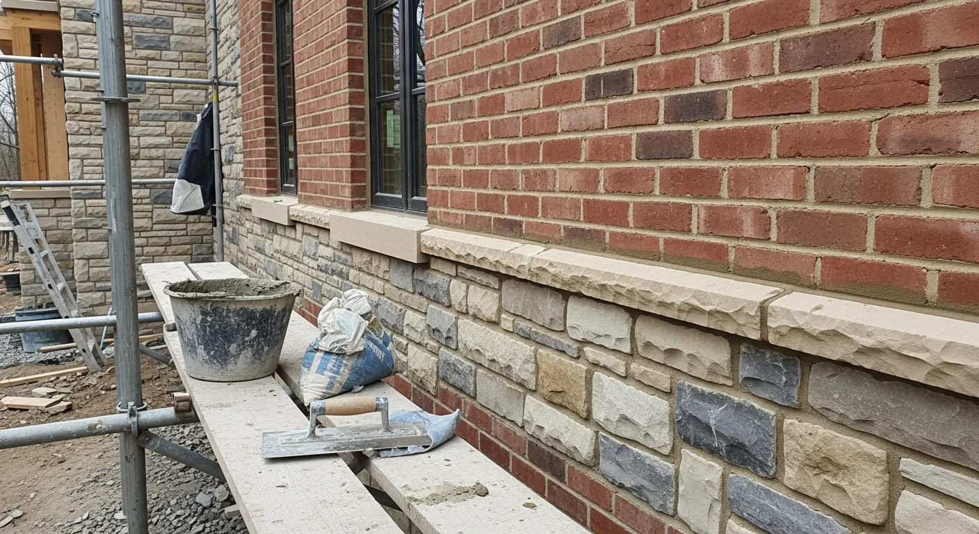 A masonry contractor applying exterior finishing work to the brick facade of a residential home in Chaddsford, PA. Close-up view shows clean joint detailing and a smooth, consistent surface finish on the completed exterior wall section.