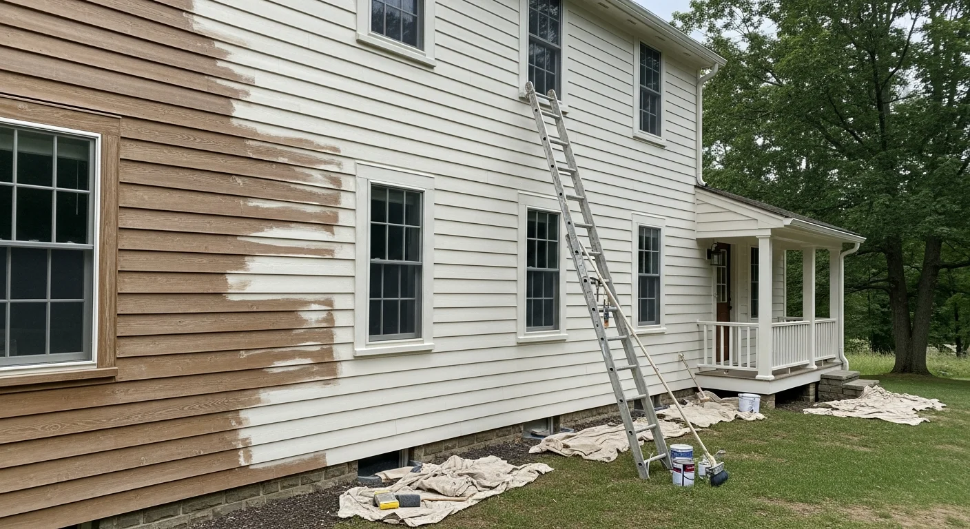 A two-story Colonial-style home in Chadds Ford, PA with freshly painted white siding and dark trim by Grant Construction Inc. The exterior shows clean, even coverage across wood siding, window trim, and a painted front door.