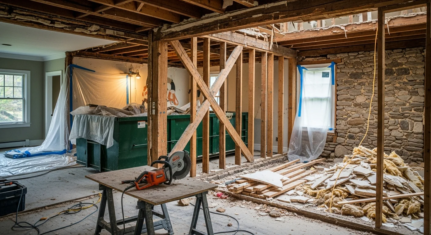 Interior demolition in progress inside a Chaddsford, PA home, with drywall and flooring removed from a room being prepared for renovation. Structural framing is visible and intact while debris is staged for removal.