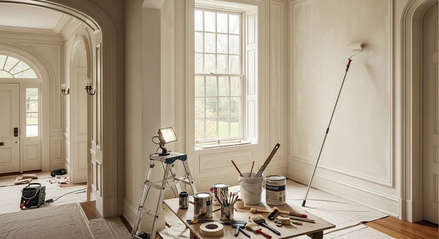 A freshly painted interior living room in a traditional Chadds Ford, PA home, showing smooth walls, clean white trim, and even color coverage throughout the space.