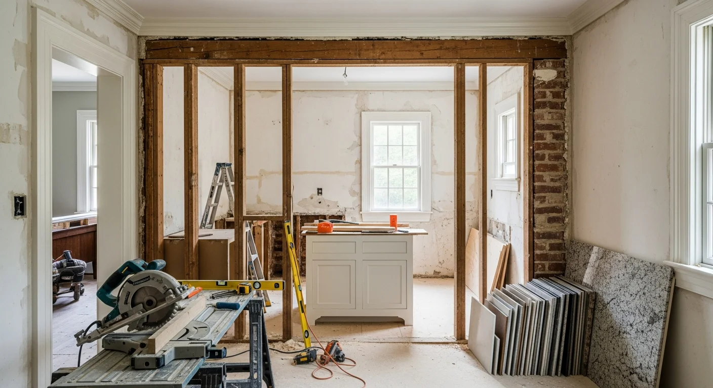 Remodeled kitchen interior in a traditional single-family home in Chadds Ford, Pennsylvania, featuring new cabinetry, updated countertops, and reconfigured layout completed by Grant Construction Inc.