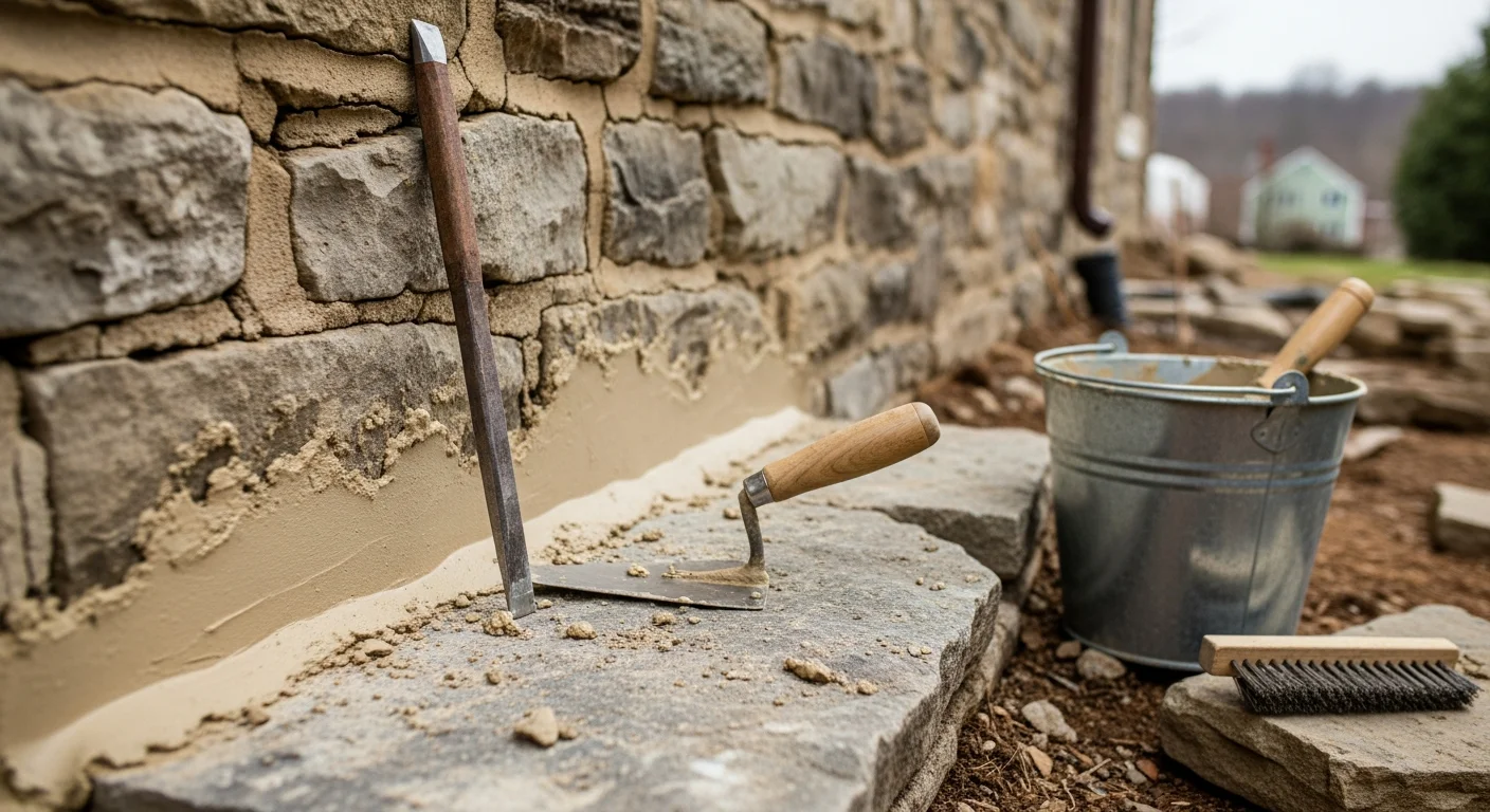 A masonry contractor repointing deteriorated brick mortar joints on the exterior wall of a residential property in Chadds Ford, PA. Close-up view shows fresh mortar being applied to cleaned joints on aged red brick.