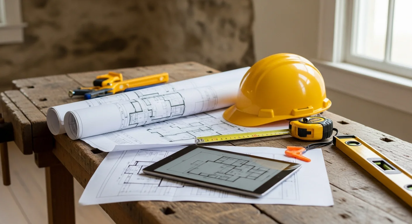 A Grant Construction Inc contractor reviewing project plans with a homeowner inside an older Chaddsford, PA residence. The consultation takes place in a room with original stone wall construction visible in the background.