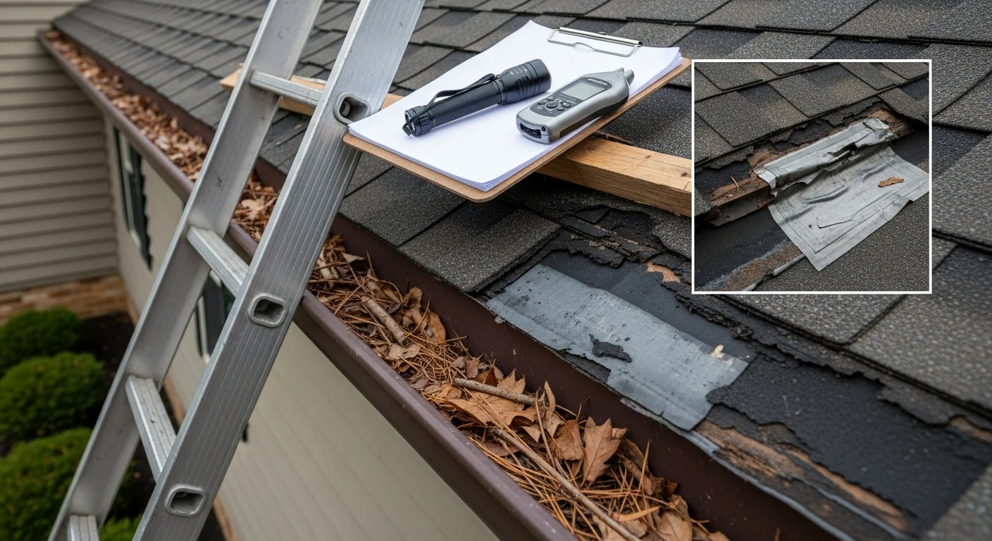 A Grant Construction Inc roofing contractor inspecting the shingles and flashing on a residential roof in Chaddsford, PA. The inspector examines the roof surface and gutter line on a two-story home typical of the Chaddsford area.