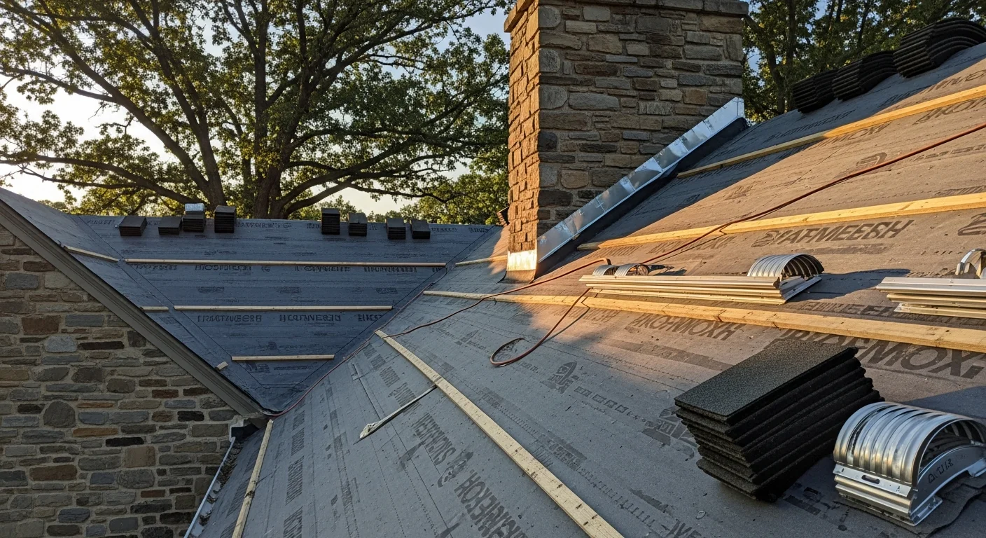 A completed roof installation on a residential home in Chadds Ford, PA, showing clean shingle lines on a steeply pitched roofline surrounded by mature trees. The finished roof includes visible ridge ventilation and properly seated flashing at the chimney and eave transitions.