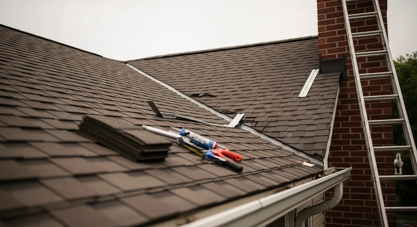 A roofing contractor repairing storm-damaged shingles on a large single-family home in Chadds Ford, PA. Close-up view shows replaced flashing and sealed field shingles on a steep-slope residential roof.
