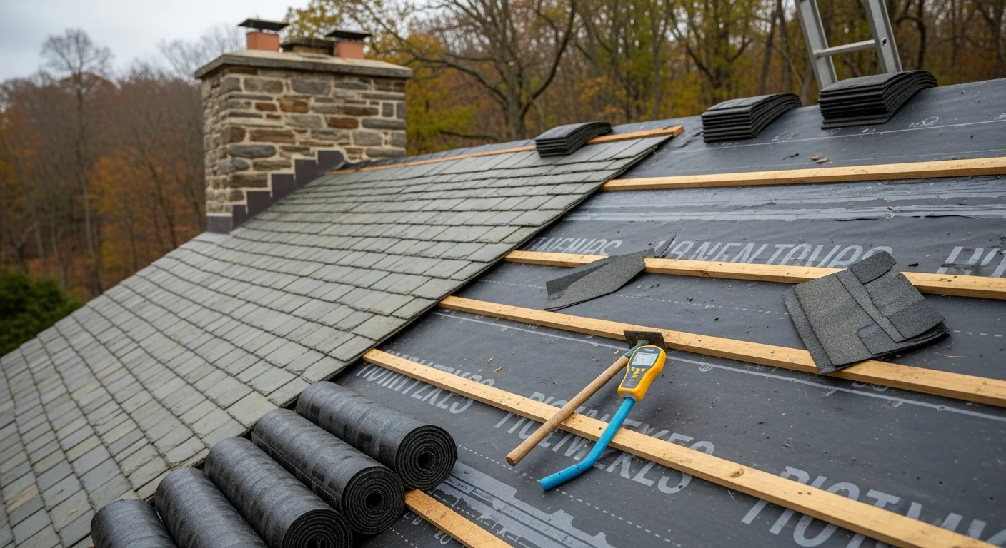 A completed roof replacement on a large colonial-style home in Chaddsford, PA, showing new shingles installed across a steep-pitched roof surrounded by mature trees. A Grant Construction Inc crew works on the ridge line against a clear sky.