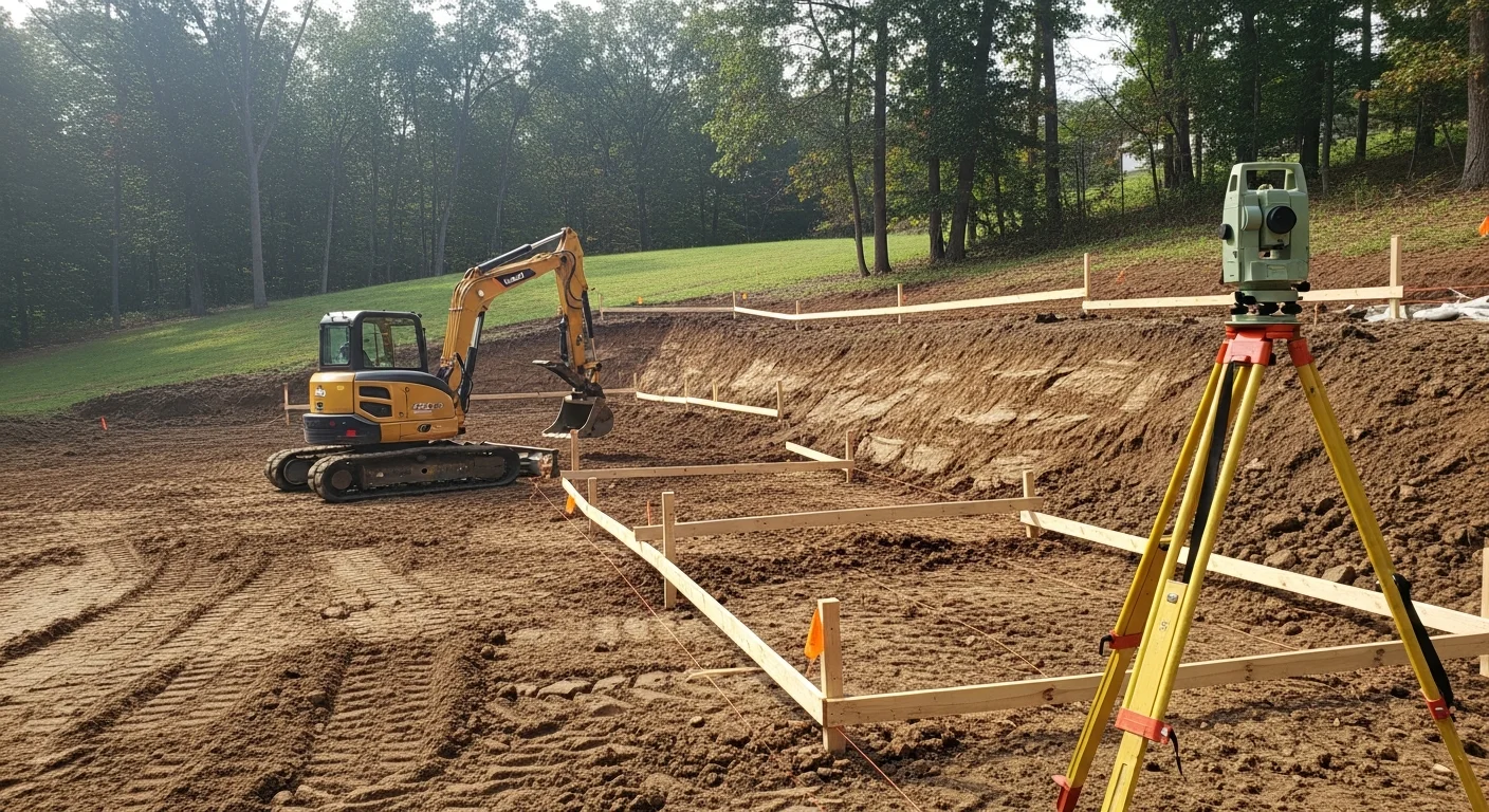 A graded and cleared residential lot in Chaddsford, PA showing leveled subgrade and drainage channels cut along the slope. Heavy equipment tracks are visible across compacted soil ready for foundation work.