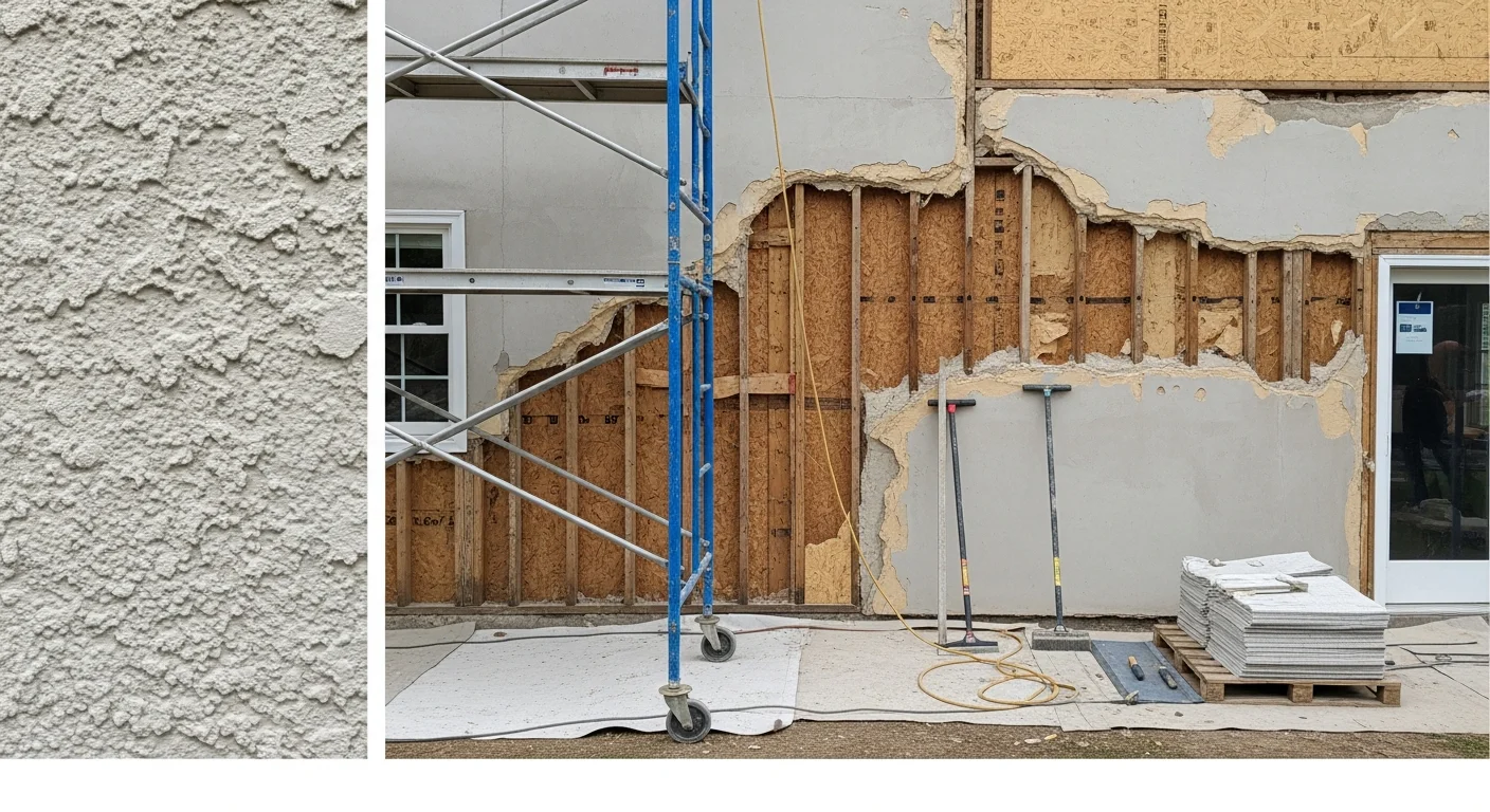 A Chaddsford home exterior mid-remediation with failed stucco removed, exposing repaired wall sheathing and framing before new exterior installation. A masonry contractor from Grant Construction Inc inspects the wall assembly at close range.